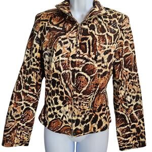 View Animal Print Blazer Size 8 Zip Up Sequin Brown Black Cheetah Leopard Mature